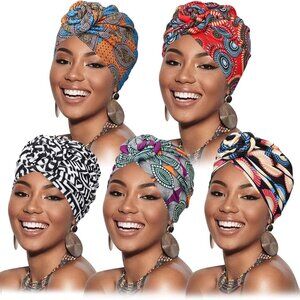 5 Pack Knotted Headwraps for Women African Turban Pre-Knotted Beanie Headwraps H